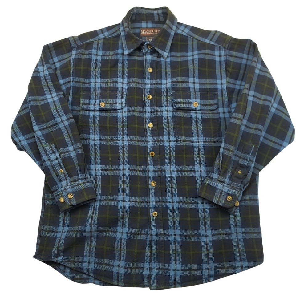 Moose Creek Mens Large Blue Green‎ Plaid Heavyweight Cotton Flannel Shirt L